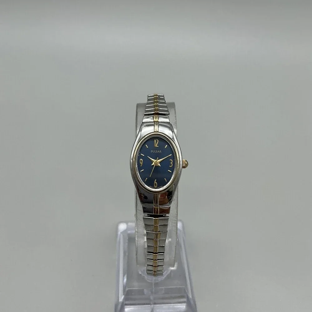 Pulsar 1N01-X057 Womens Watch 17mm Blue Dial Two Tone Stretch New Battery